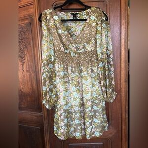 H&M Olive Green Floral Smocked V-Neck Dress